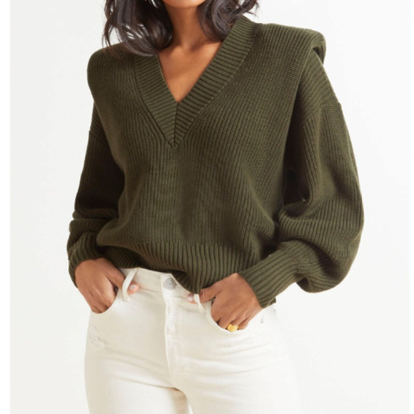 pistola Sweaters - Pistola Camille Olive Green Cotton Padded Shoulder Pullover Sweater Large